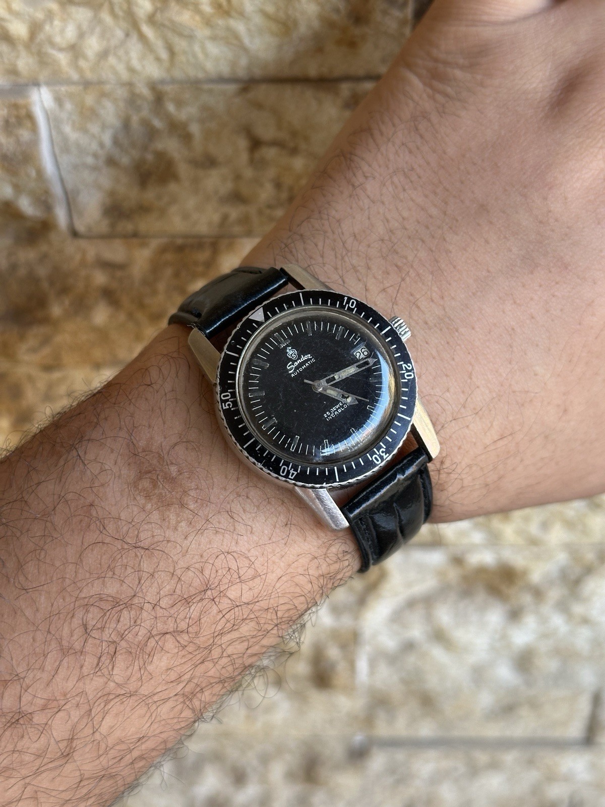 Rare Vintage Sandoz Automatic Skin Diver Watch 25 Jewels 37mm Boxed Black Date