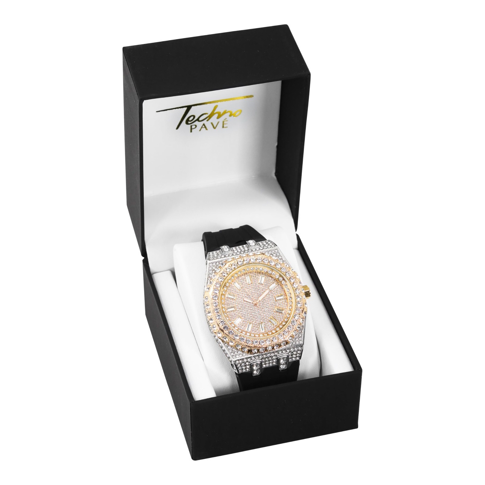 Men’s 43mm Octagonal Dial Iced Out Watch, Silicone Band, Baguette Style