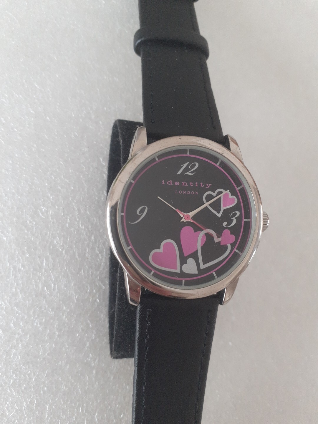 Identity London Ladies Hearts Quartz Watch With A New Black Leather Strap