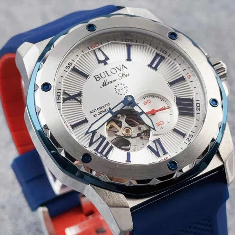 Bulova Marine Star 98A225 Automatic Men’s Watch White Dial Blue Rubber Strap