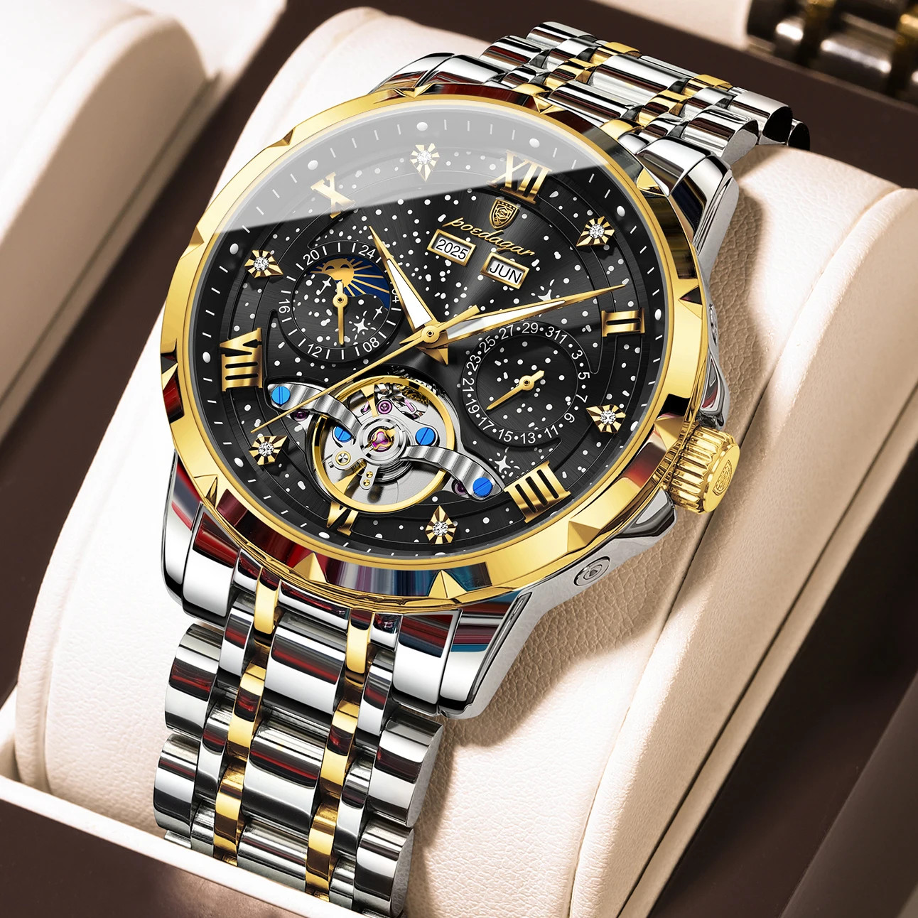 Luxury Men’s Steel Automatic Mechanical Watch, Tourbillon and Case