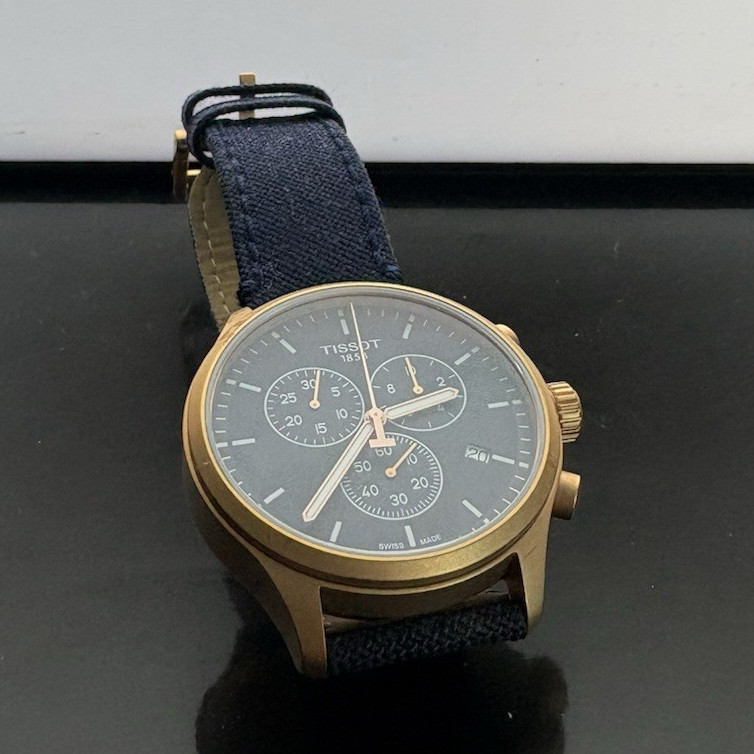 Tissot Chrono XL Blue Dial Chronograph Quartz 45mm 100m Gold Case Fabric