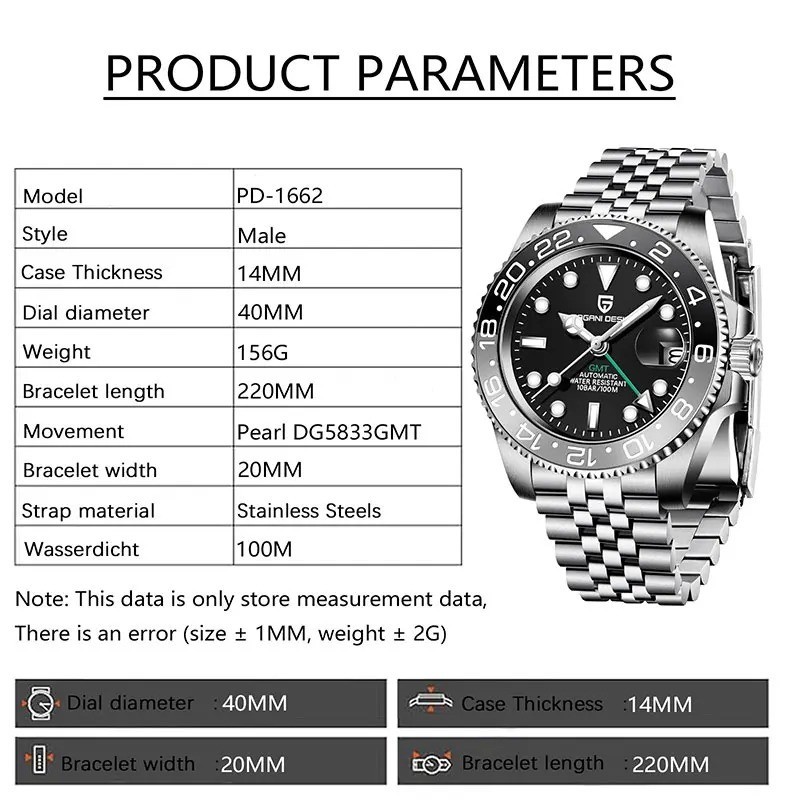 40MM PAGANI DESIGN GMT Automatic Watch Men Luxury Waterproof Stainless Steel NEW