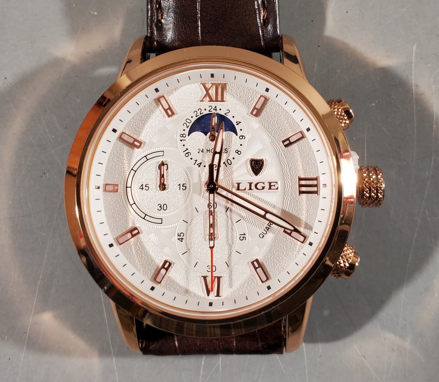 LIGE STAINLESS STEEL CHRONOMETER WRISTWATCH, FAUX ALLIGATOR BAND NIB