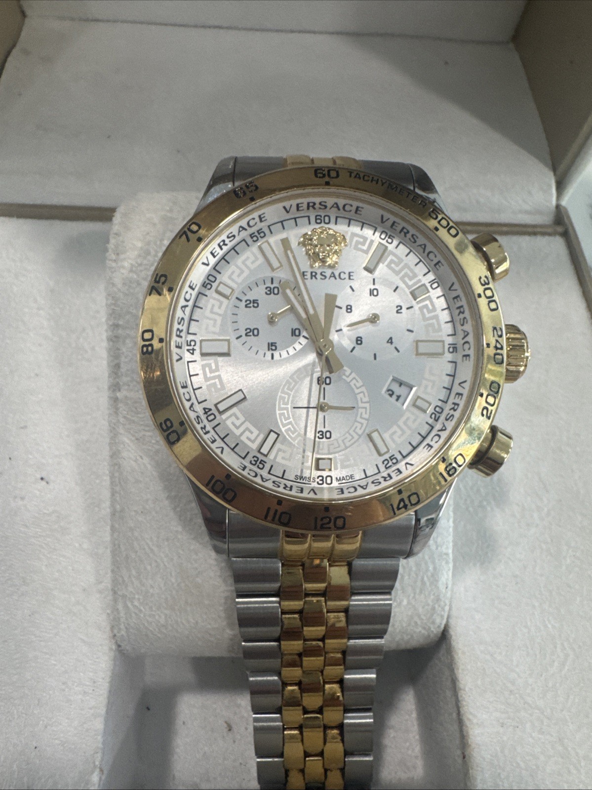 Versace VE2U00422 Hellenyium Chrono white silver gold Steel Men’s Watch NEW