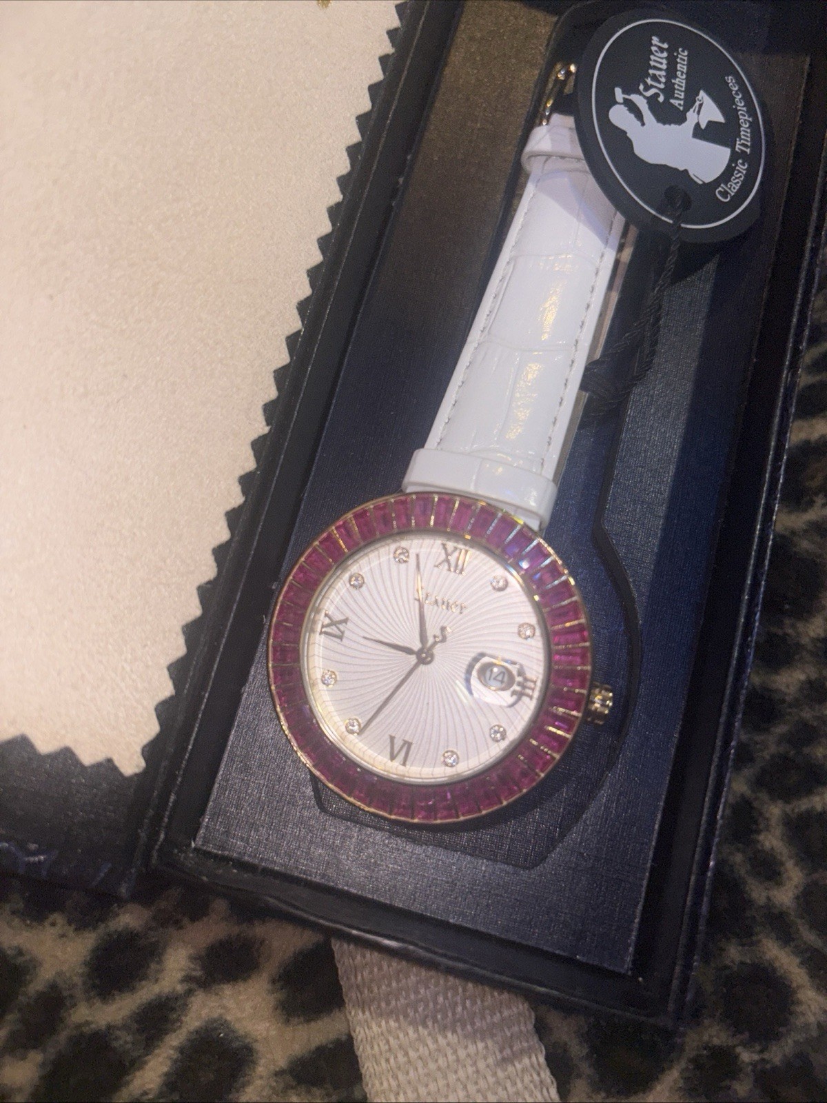 Stauer NWOT Ruby Diamond Aura Goldtone Watch w/Date in Display Box 22774