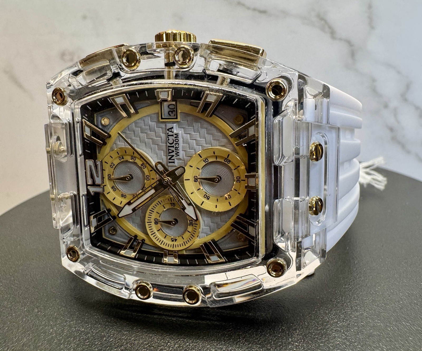 Invicta S1 Rally Allogrip 70147 42mm Clear/Gold Case White Strap Chronograph NIB