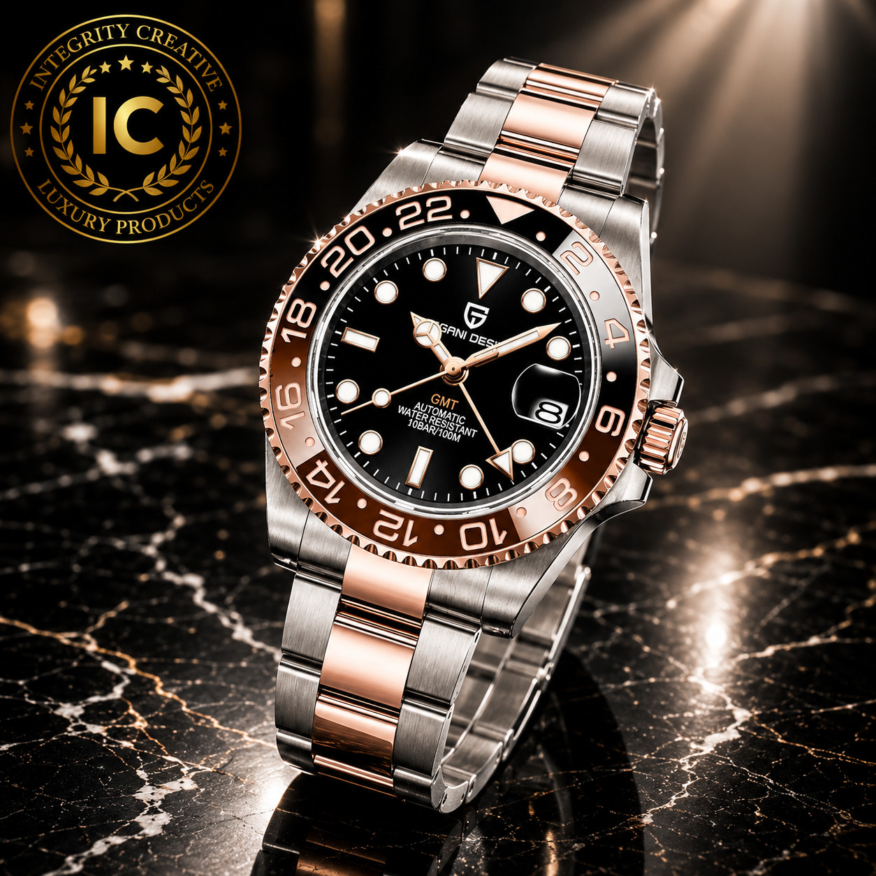 Men’s 40mm Waterproof Divers Watch Black Dial Brown RootBeer Bezel Wristwatch