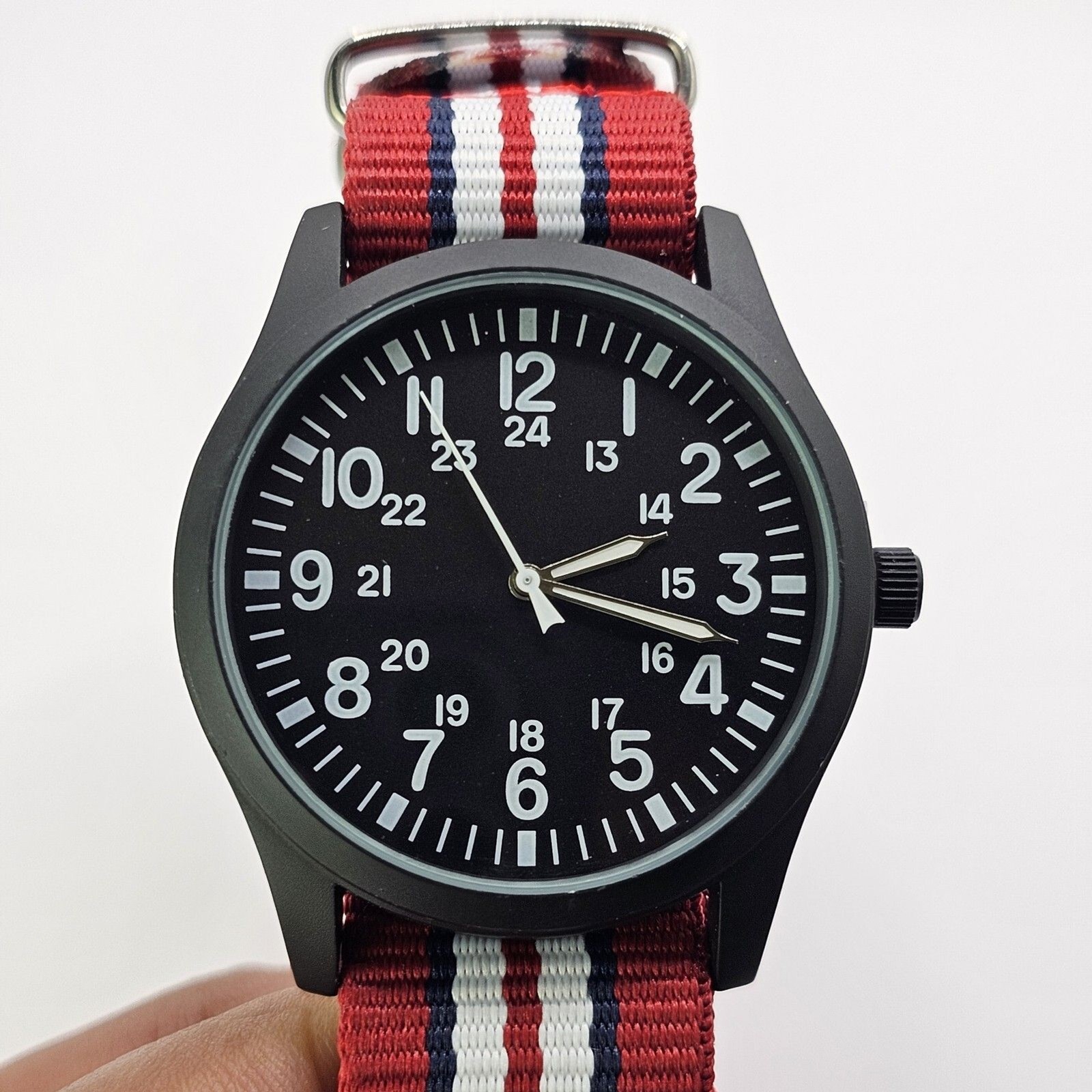 Men’s Military Watch 42MM Large Case Black Dial Red Blue White Canvas Band Strap