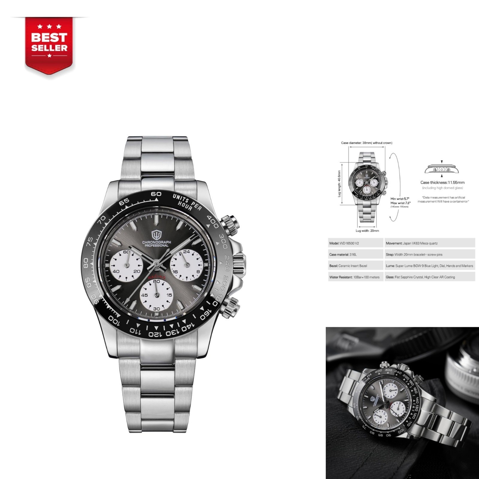 watchdives Chronograph Watch WD16500 V2 Quartz 100M Waterproof Men’s