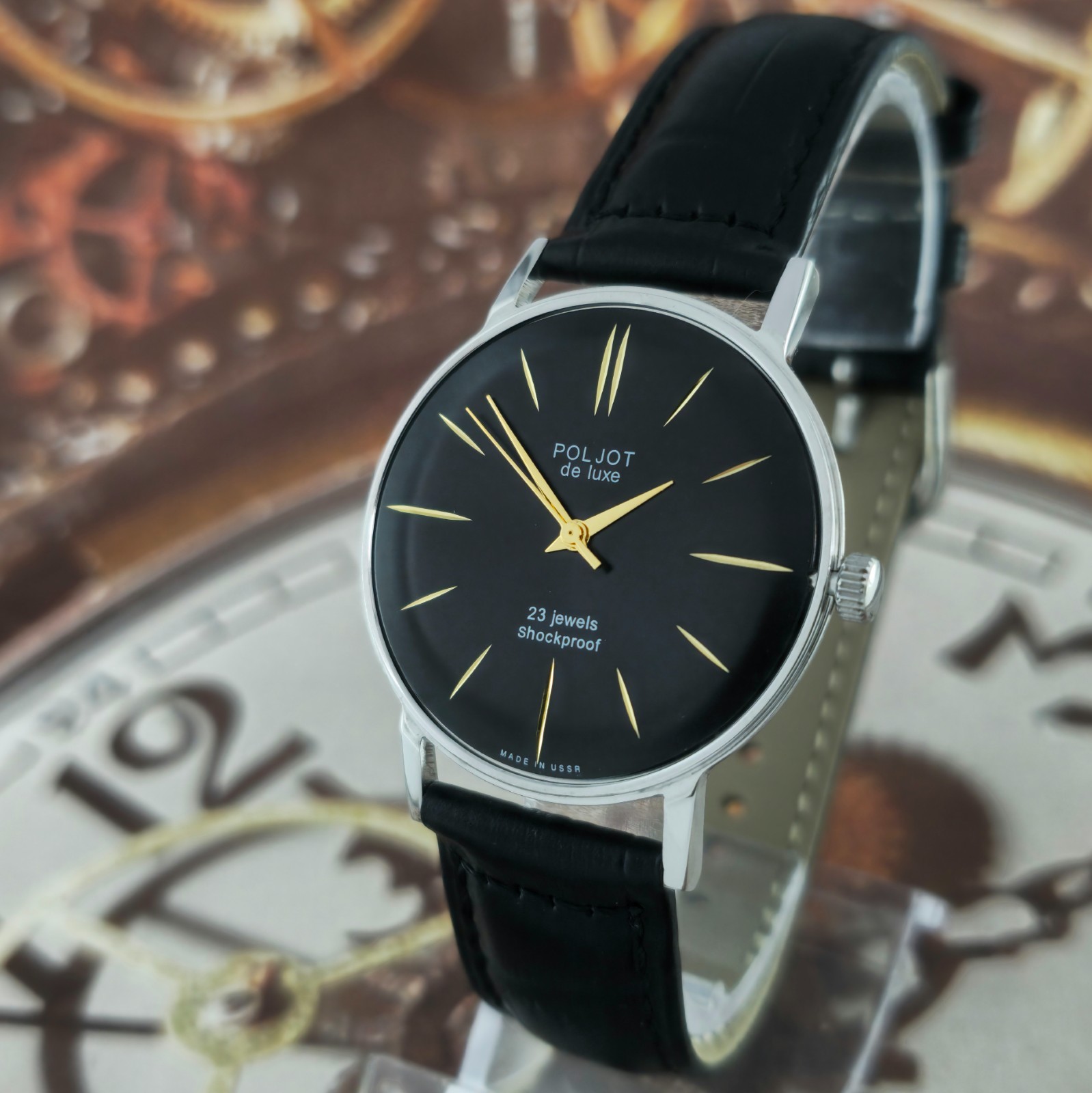Poljot De Luxe ULTRA SLIM Soviet Wristwatch 2209 Black Dial Vintage Watch USSR