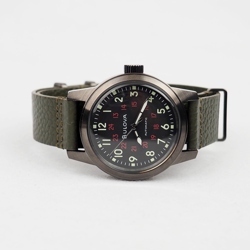 Bulova Hack 98A255 Automatic Military Black Dial Leather Men’s Watch 38MM