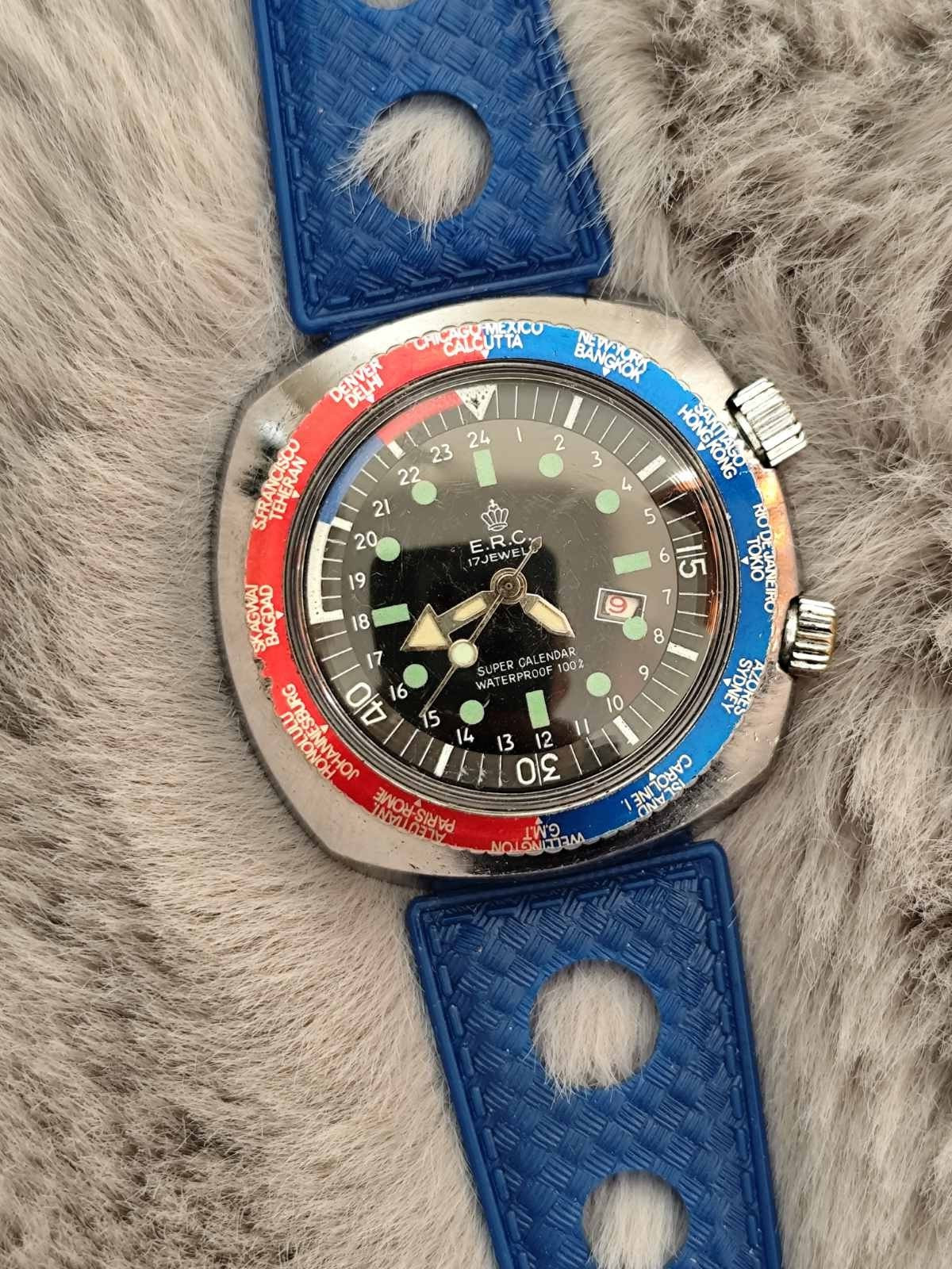 Vintage Watch E.R.C. Super Waterproof 100% Diver Inner Rotating Bezel