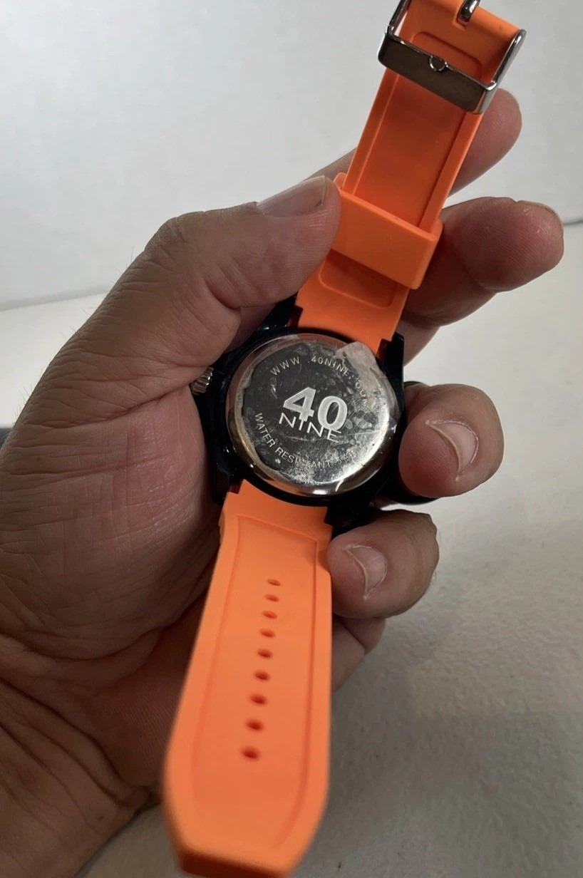 40NINE 46mm Quartz Watch with Black Dial and Orange Silicone Rubber Strap