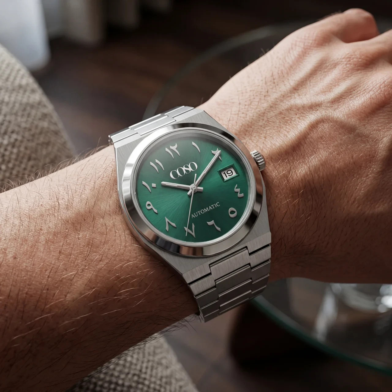 COSO Tolaris Automatic Watch Green Dial Eastern Arabic Numerals Steel Bracelet