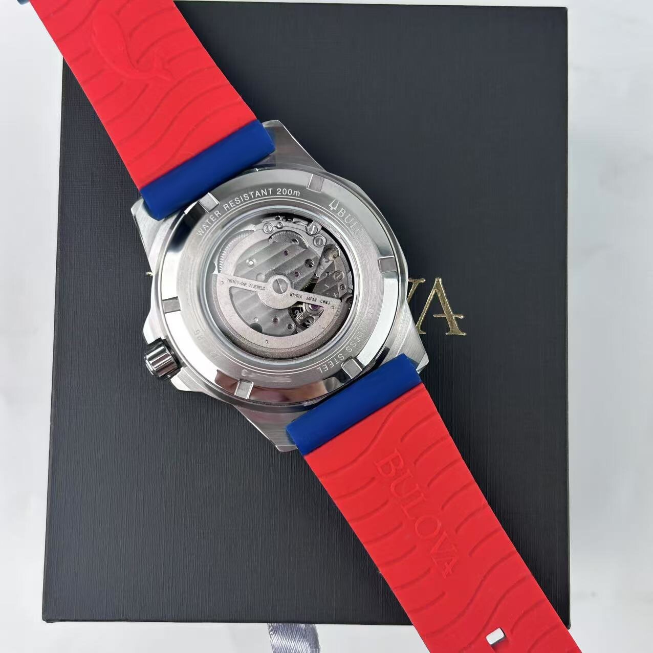 Bulova Marine Star 98A225 White Dial Red/Blue Rubber Strap Men’s Automatic Watch