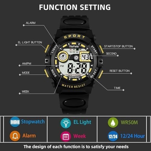 Kids LED Digital Sport Watch 50M Waterproof Alarm Stopwatch 7-Color Light Gift