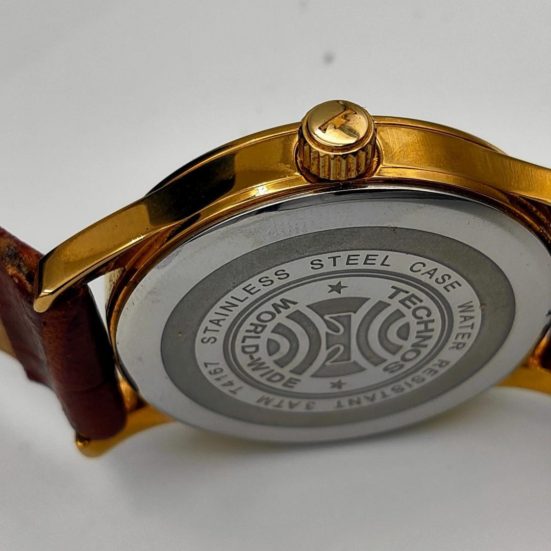 USED TECHNOS T4167 Gold-Tone Date Leather Band Quartz Watch