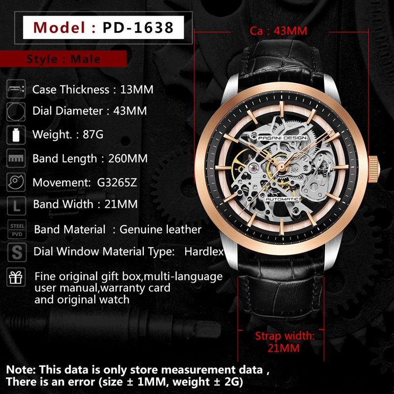 43mm PAGANI DESIGN Automatic Men’s Watch Leather Strap Skeleton Dial Wristwatch