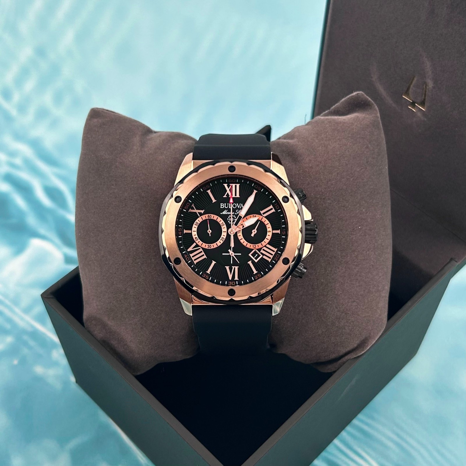Bulova 98B104 Men’s Marine Star Black Dial Black Rubber Strap Quartz Watch