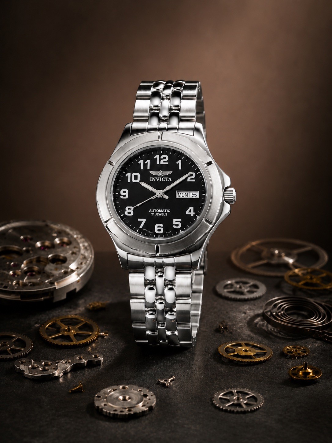 Invicta Rotomatic Men’s Automatic Day/Date Black Dial Silver Bracelet 40mm