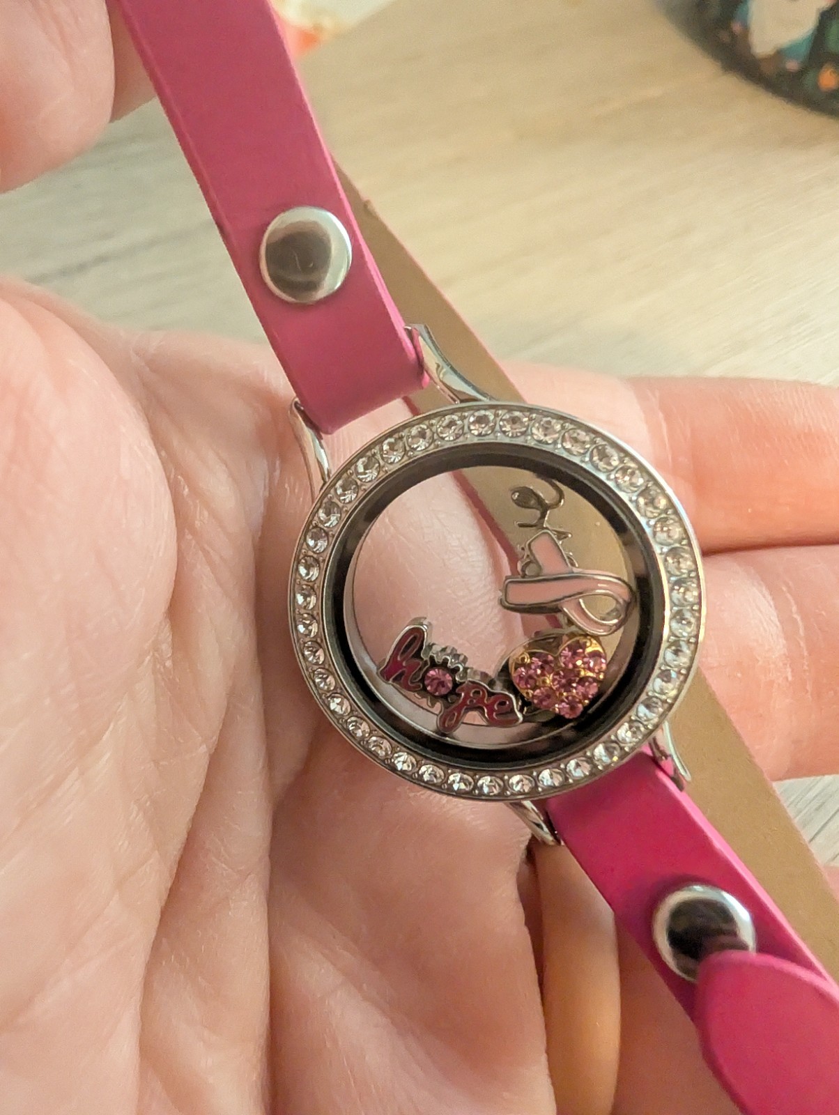 Origami Owl Pink Awareness Ribbon Wristwatch with charms