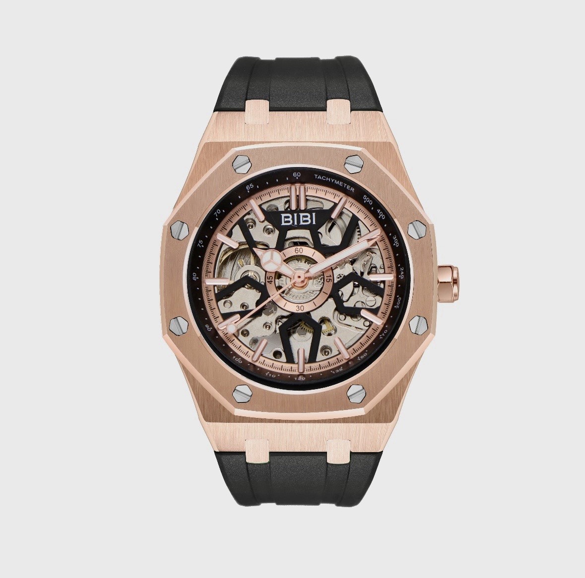 BIBI Skeleton Automatic Watch Rose Gold Black Silicone Strap 41.5mm New Box