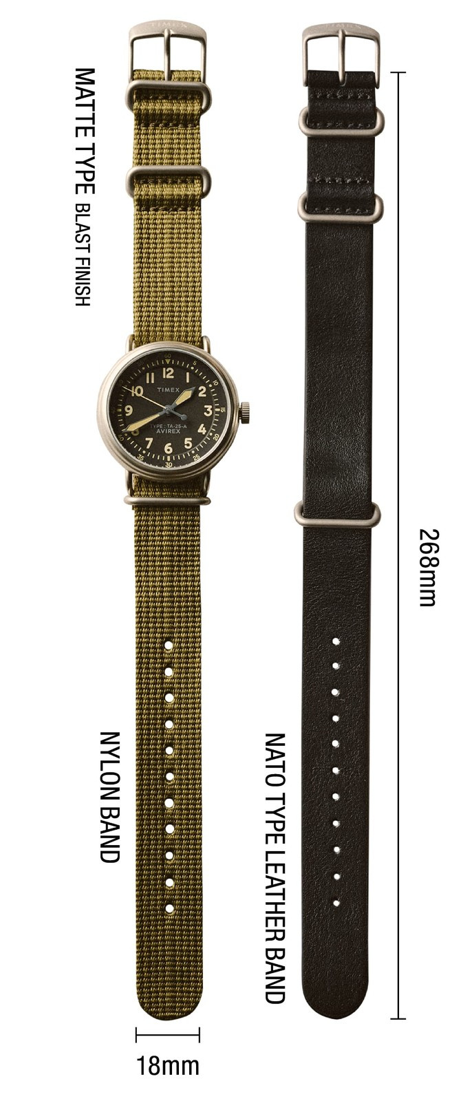 AVIREX TIMEX TYPE-25A 38mm Olive Watch MATTE MIDGET Reissue AVIREX 50th Anniv.