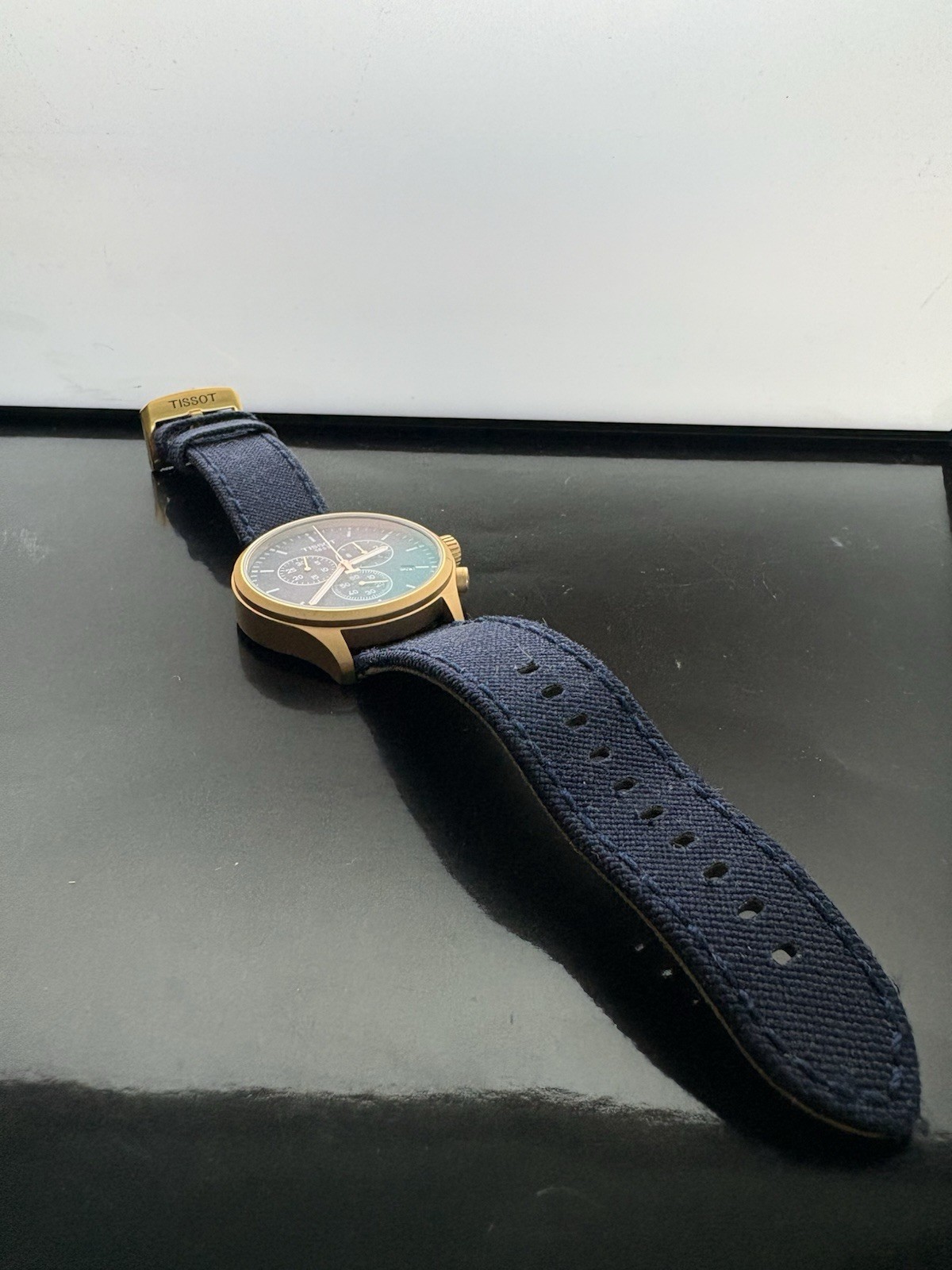 Tissot Chrono XL Blue Dial Chronograph Quartz 45mm 100m Gold Case Fabric