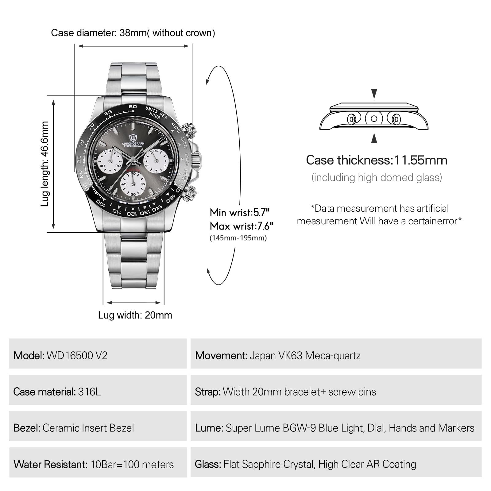 watchdives Chronograph Watch WD16500 V2 Quartz 100M Waterproof Men’s