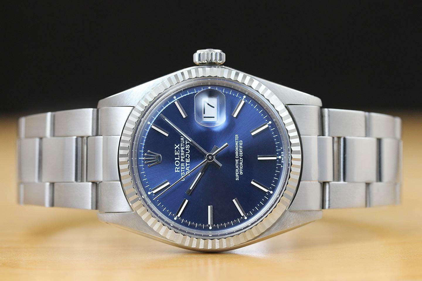 ROLEX MENS DATEJUST BLUE DIAL 18K WHITE GOLD & STEEL WATCH w/OYSTER BAND