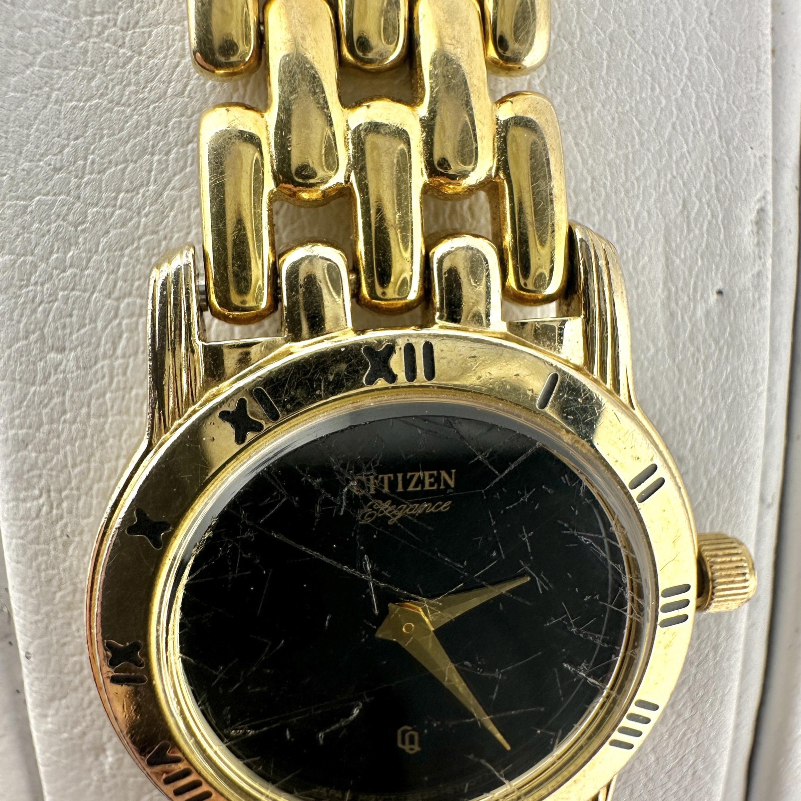Scratched Citizen Womens Watch 21mm Black Dial Gold Case Bracelet, Size 7.3″