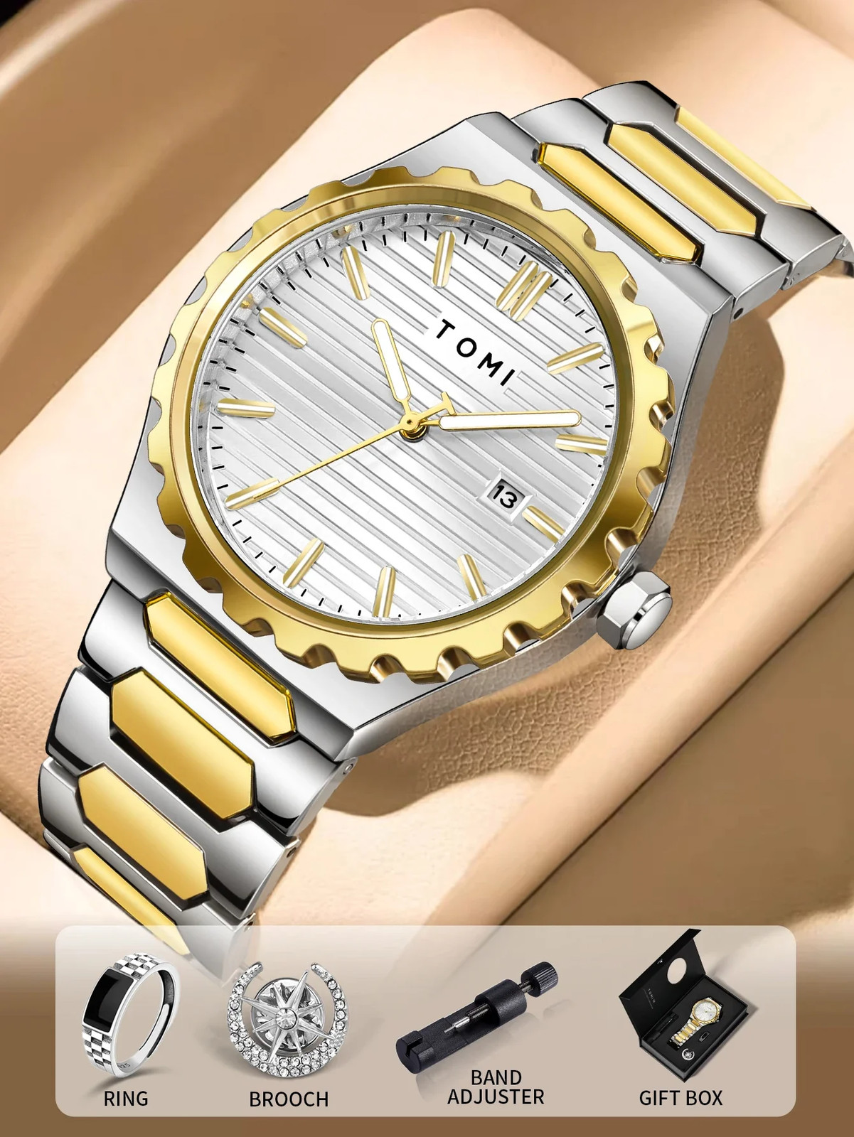 TOMI New 4PCS Luxury Men Watch Gift Set High Quality Steel Strip Striped Dial