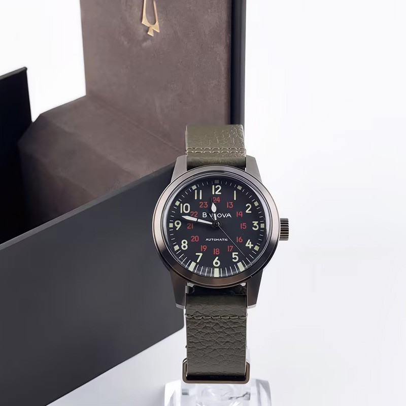 Bulova Hack 98A255 Black Dial Green Leather Strap Men’s Automatic Watch 38MM