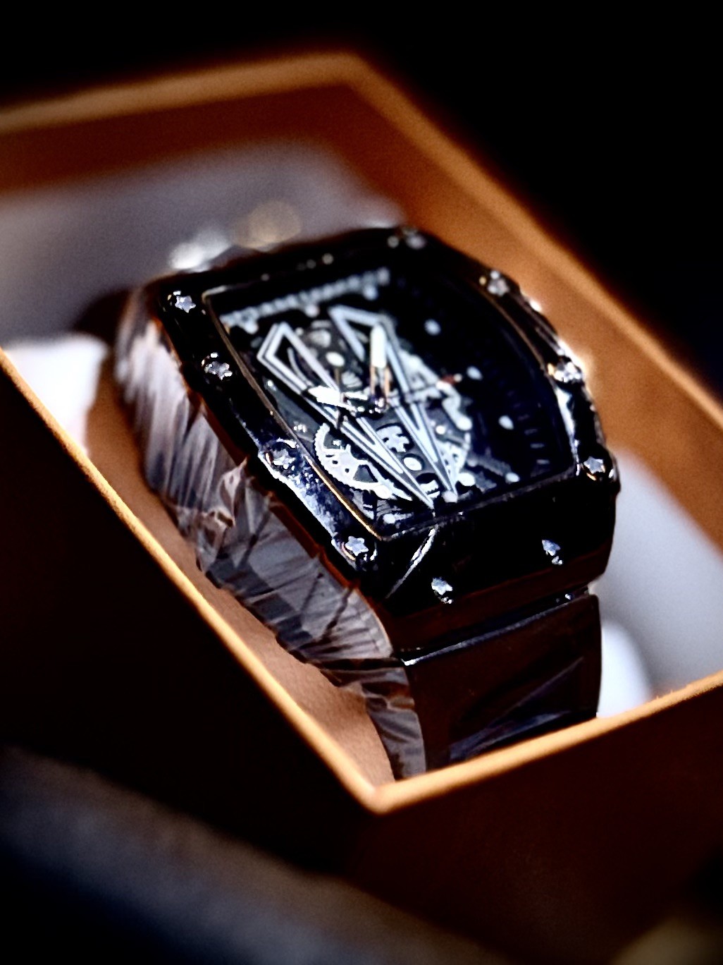 Tonneau Quartz Skeleton Dial Analog Watch Silver Case Black Rubber Strap Box