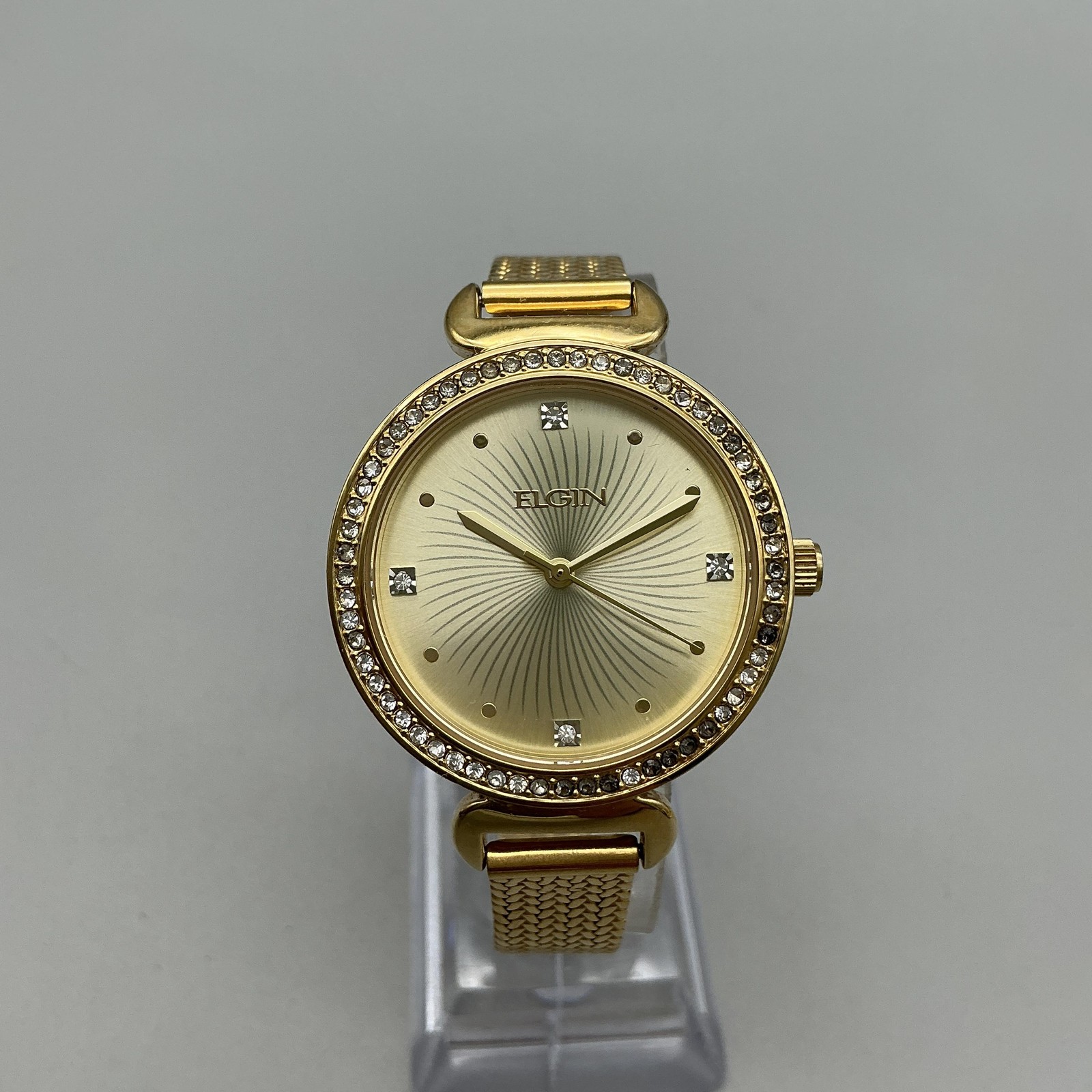 Elgin Womens Watch 35mm Champagne Dial Gold Crystals Mesh Band New Battery