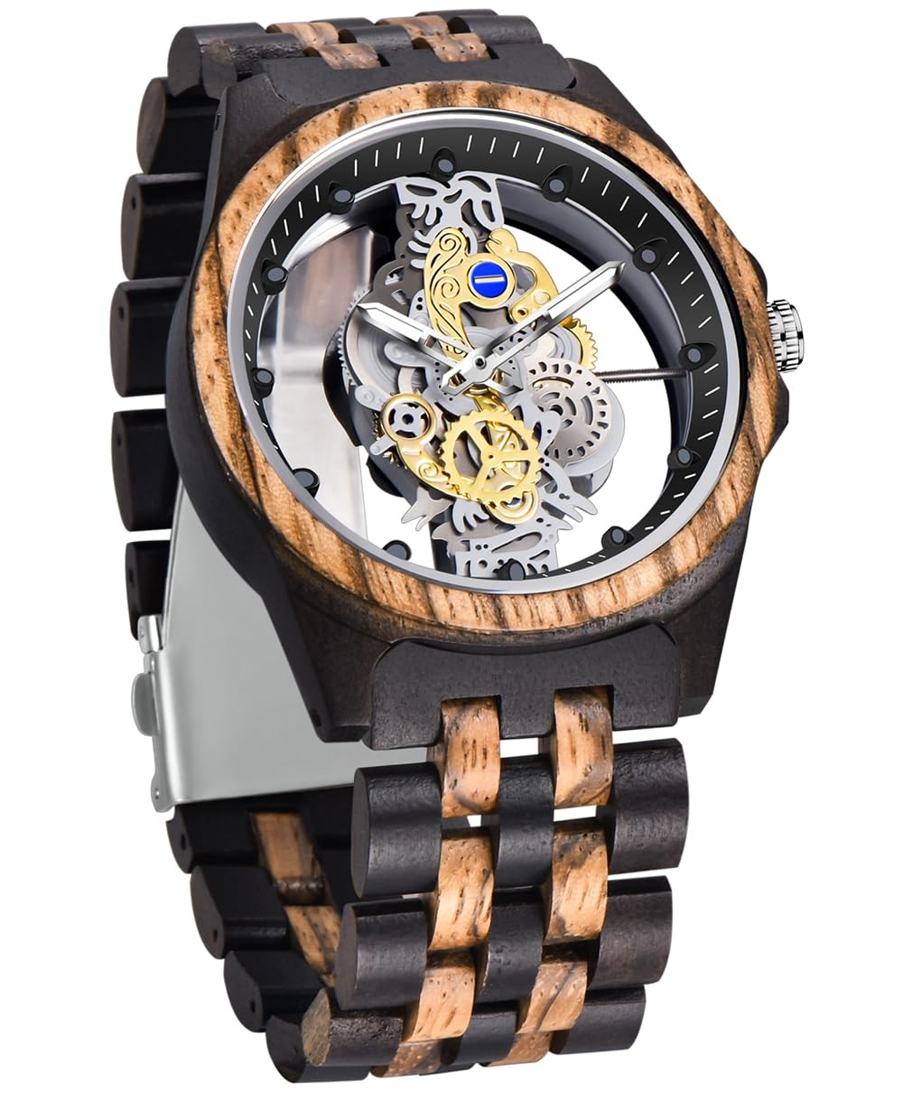 Dentily Men’s Hollow Analog Wooden Watch Retro Gear Carving black&brown
