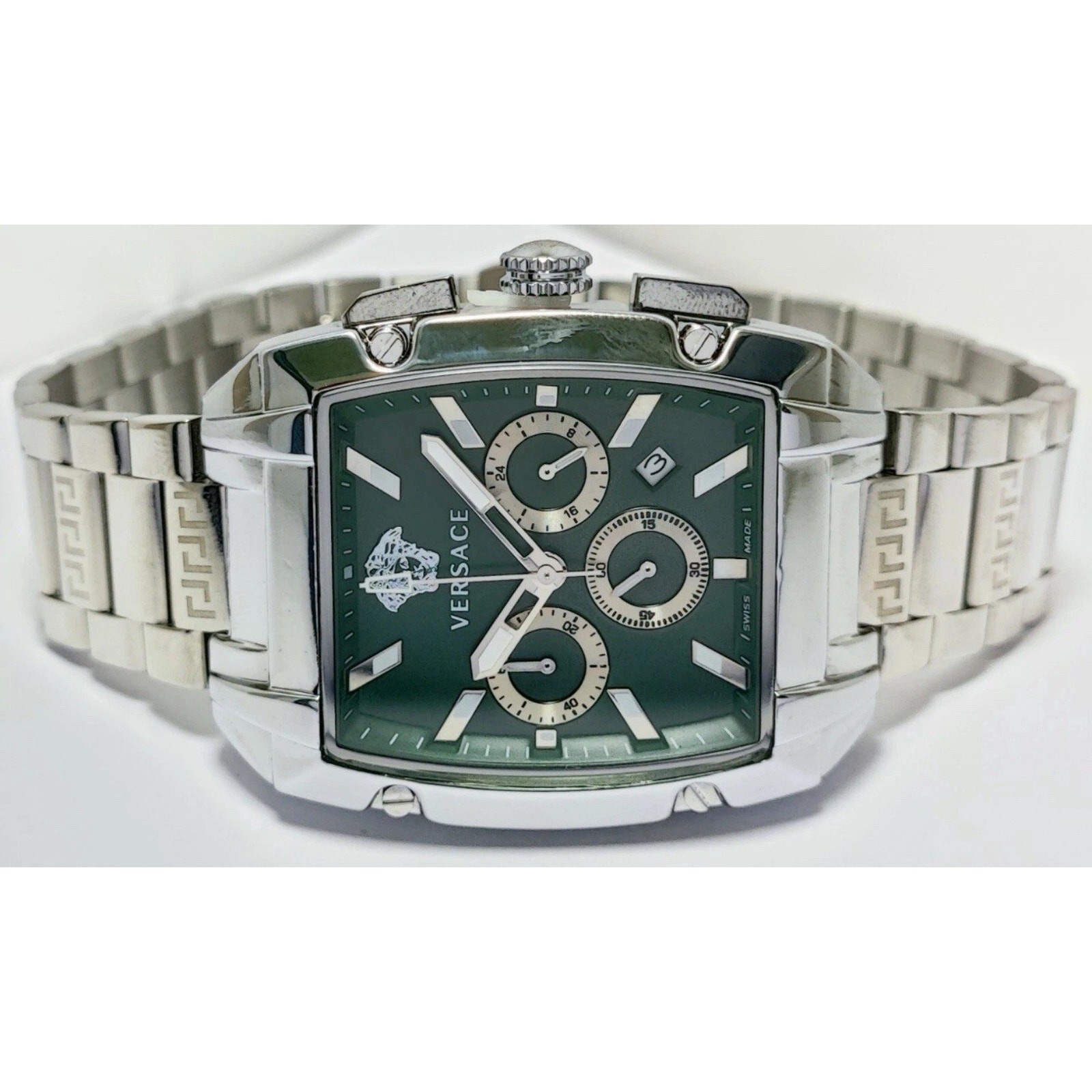 Versace Luxury Chronograph Men Green Dial Stainless Steel Band Quartz Wristwatch