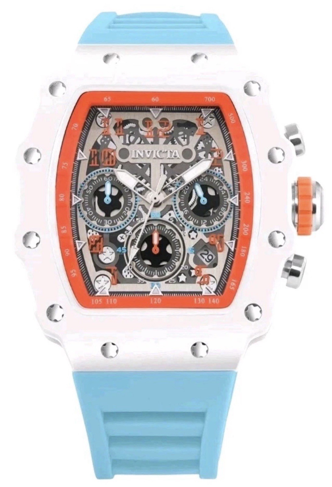 Invicta Chronograph Date Tonneau Watch White Case Orange Bezel Blue Strap Box