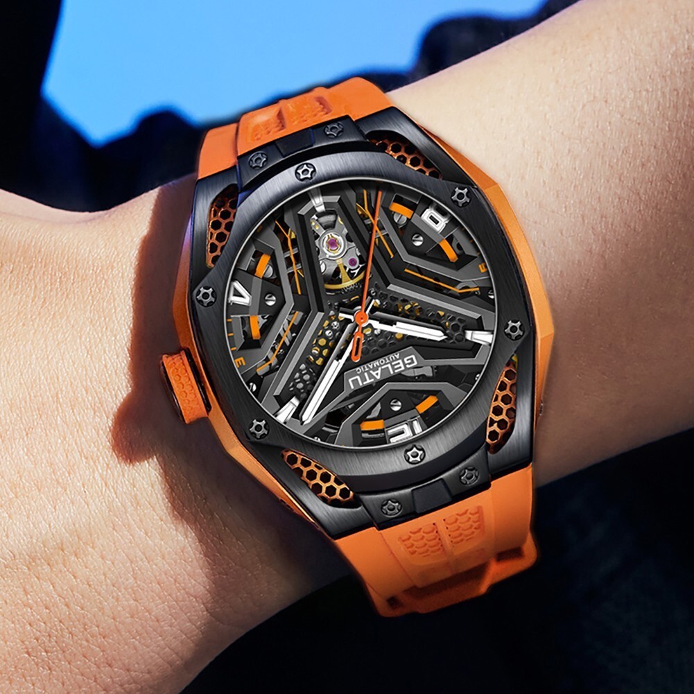 GELATU Men’s Skeleton Sport Automatic Mechanical Watch 5ATM Luminous Wristwatch