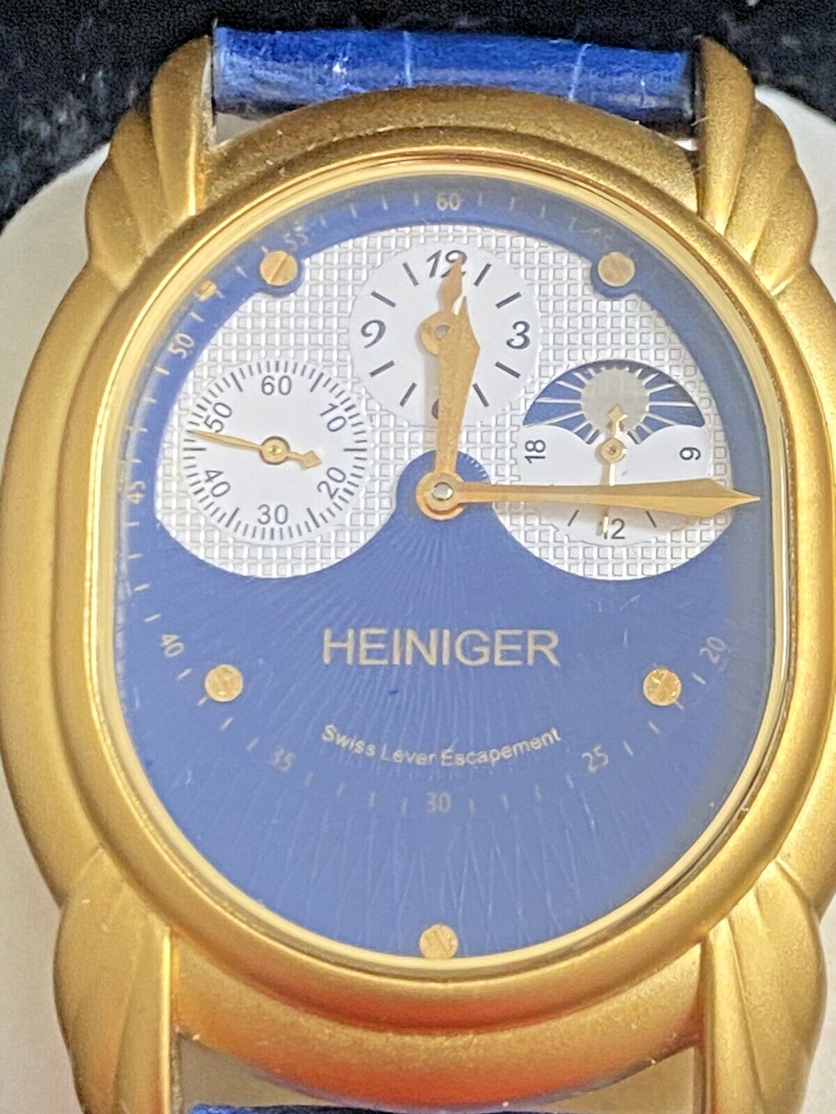 Heiniger Mechanical Watch Swiss Lever Escapement Brass Housing Blue Leather band