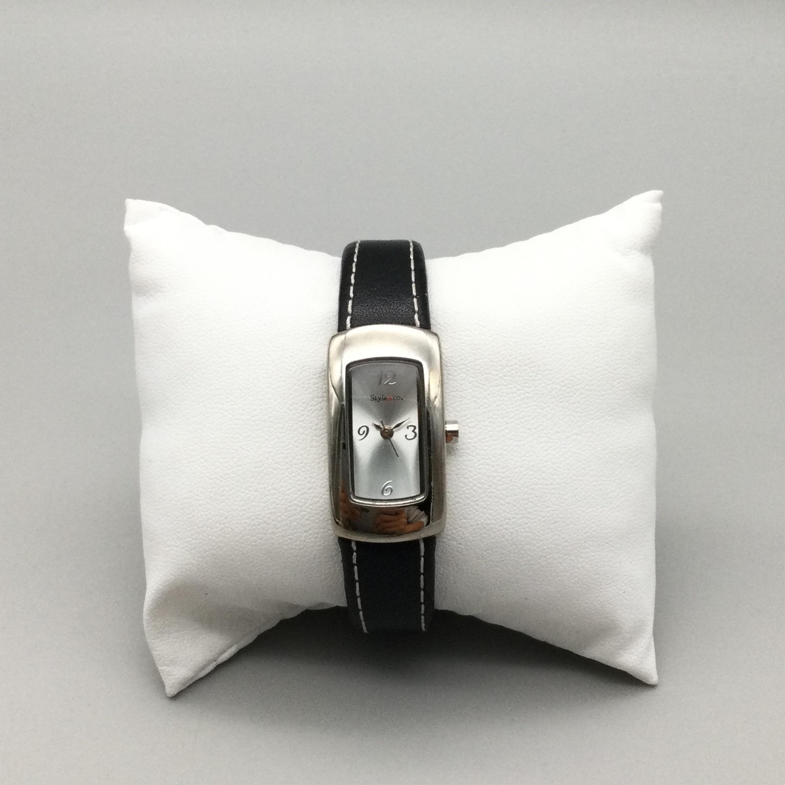 Style&co Womens Watch 18mm Silver Tone Black Leather Open Cuff New Battery