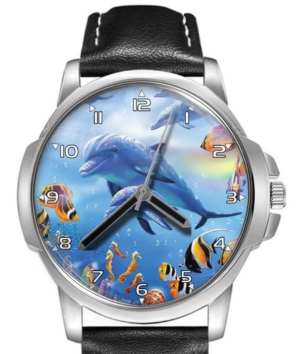 Dolphin Underwater World Leather Strap Big Dial Gift Wrist Watch