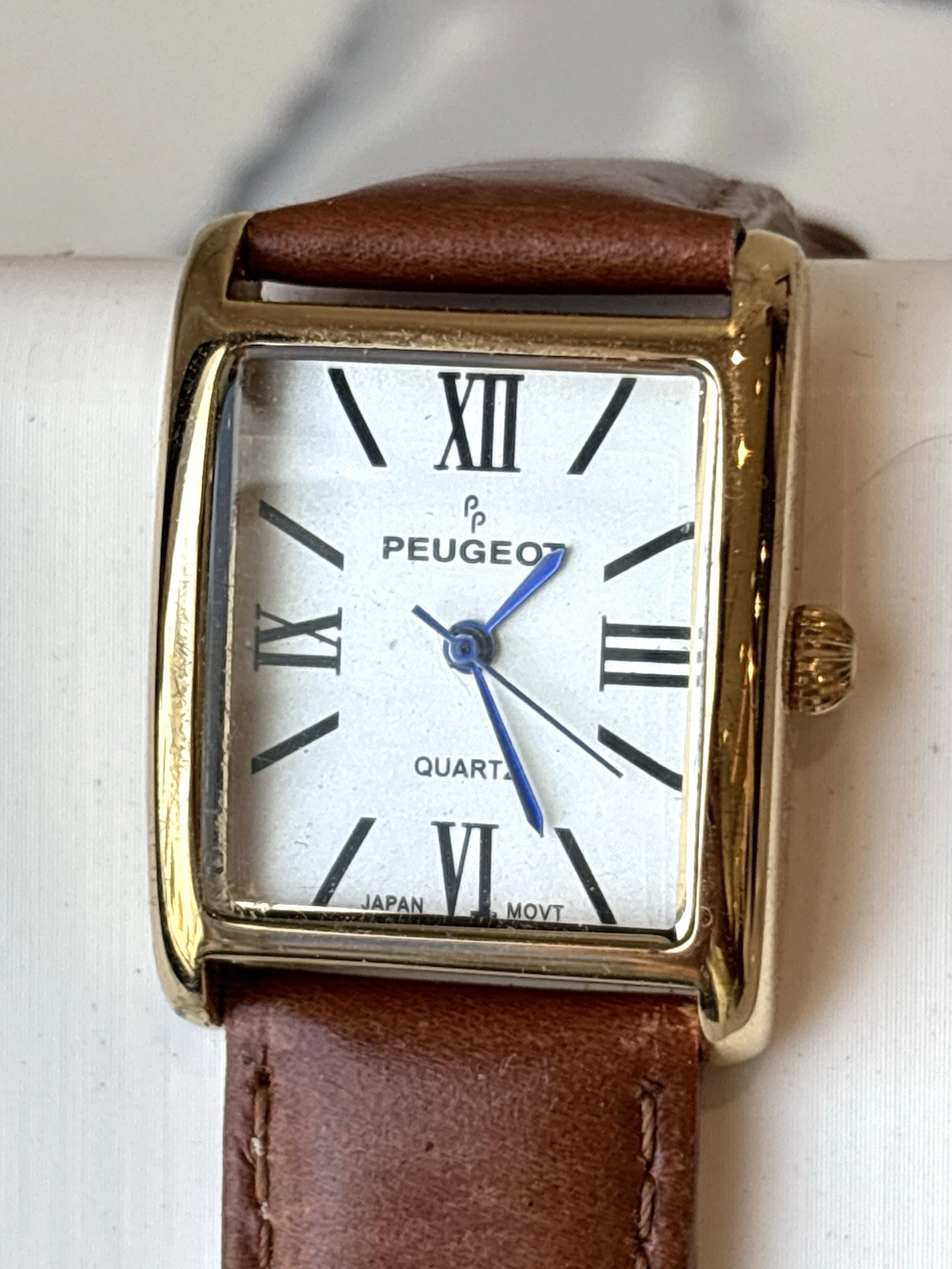 Peugeot Women’s Tank Watch Blue Hands Leather Band, Gifts for Her