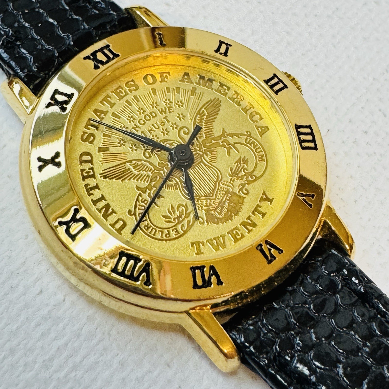 Vintage Twenty Coin Watch Women’s 26mm Gold Black Leather United States 1040L