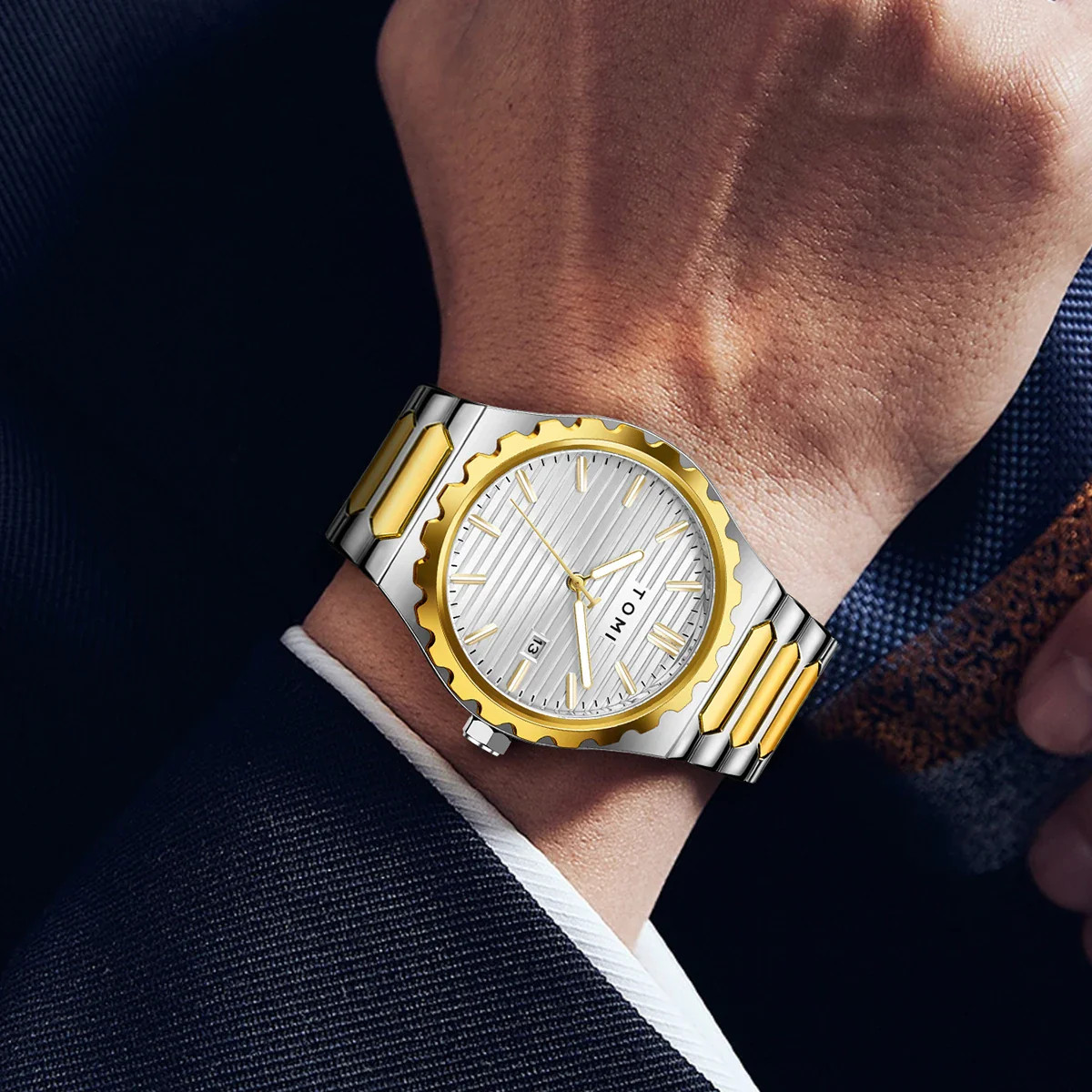 TOMI New 4PCS Luxury Men Watch Gift Set High Quality Steel Strip Striped Dial