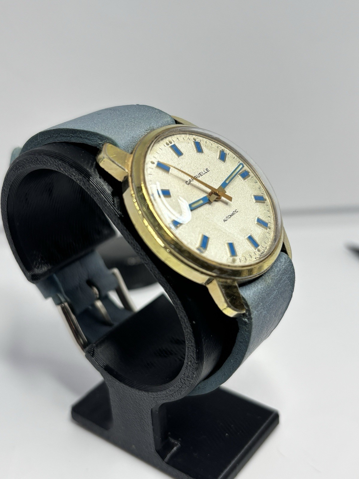 Vintage 1972 Caravelle Bulova Automatic Watch Blue Markers RUNS PERFECT NewBand