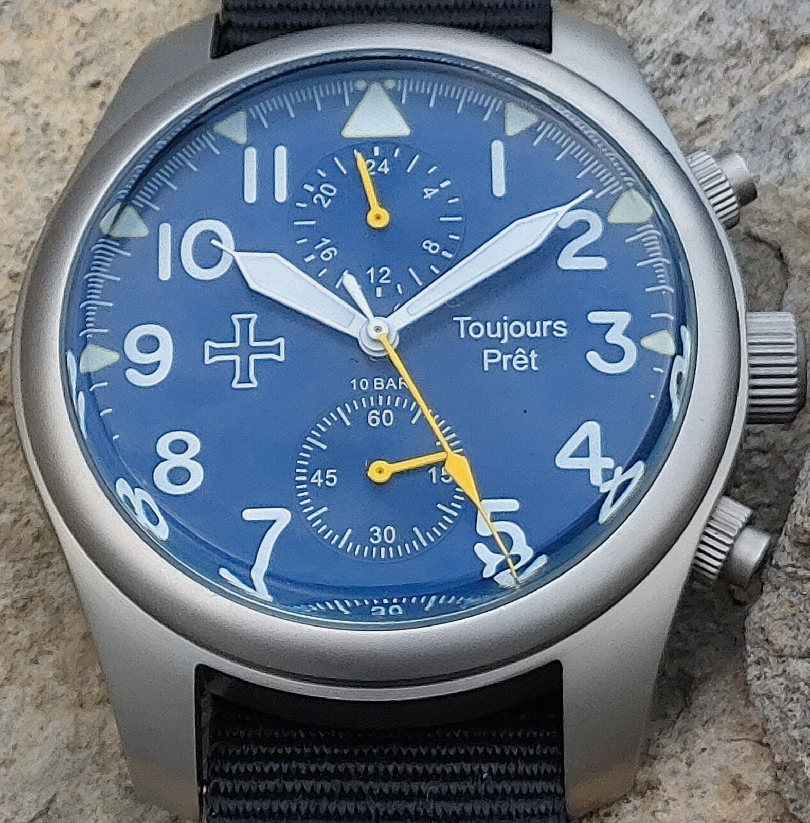 Toujours Pret GMT military field watch. Blasted stainless steel – Blue