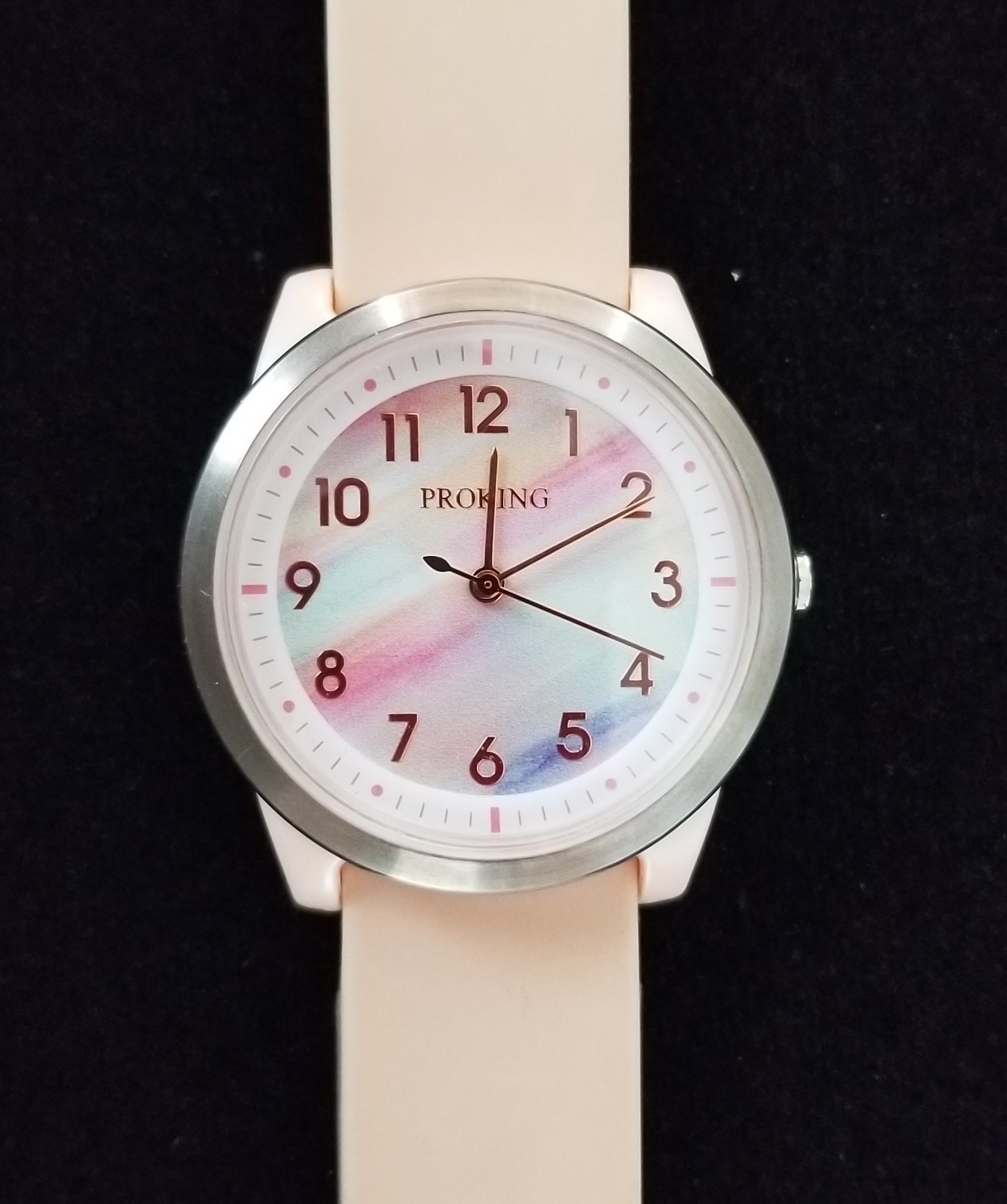 Proking Pink Watch Rainbow Dial Plastic Case Rubber Band 5.5″-7″ New Battery