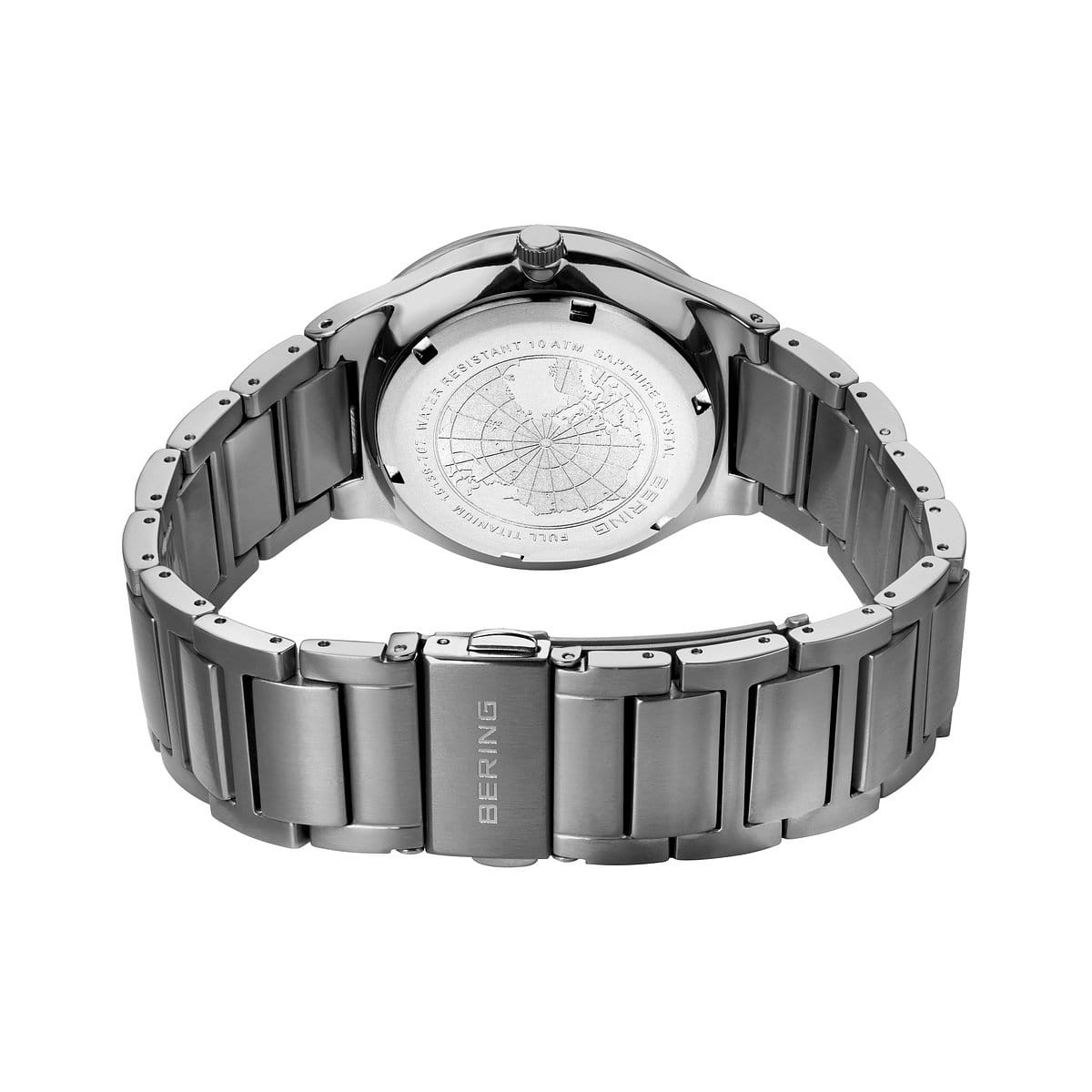 Bering Time – Mens Titanium Brushed Silver Watch w/ Blue Dial – 15139-707